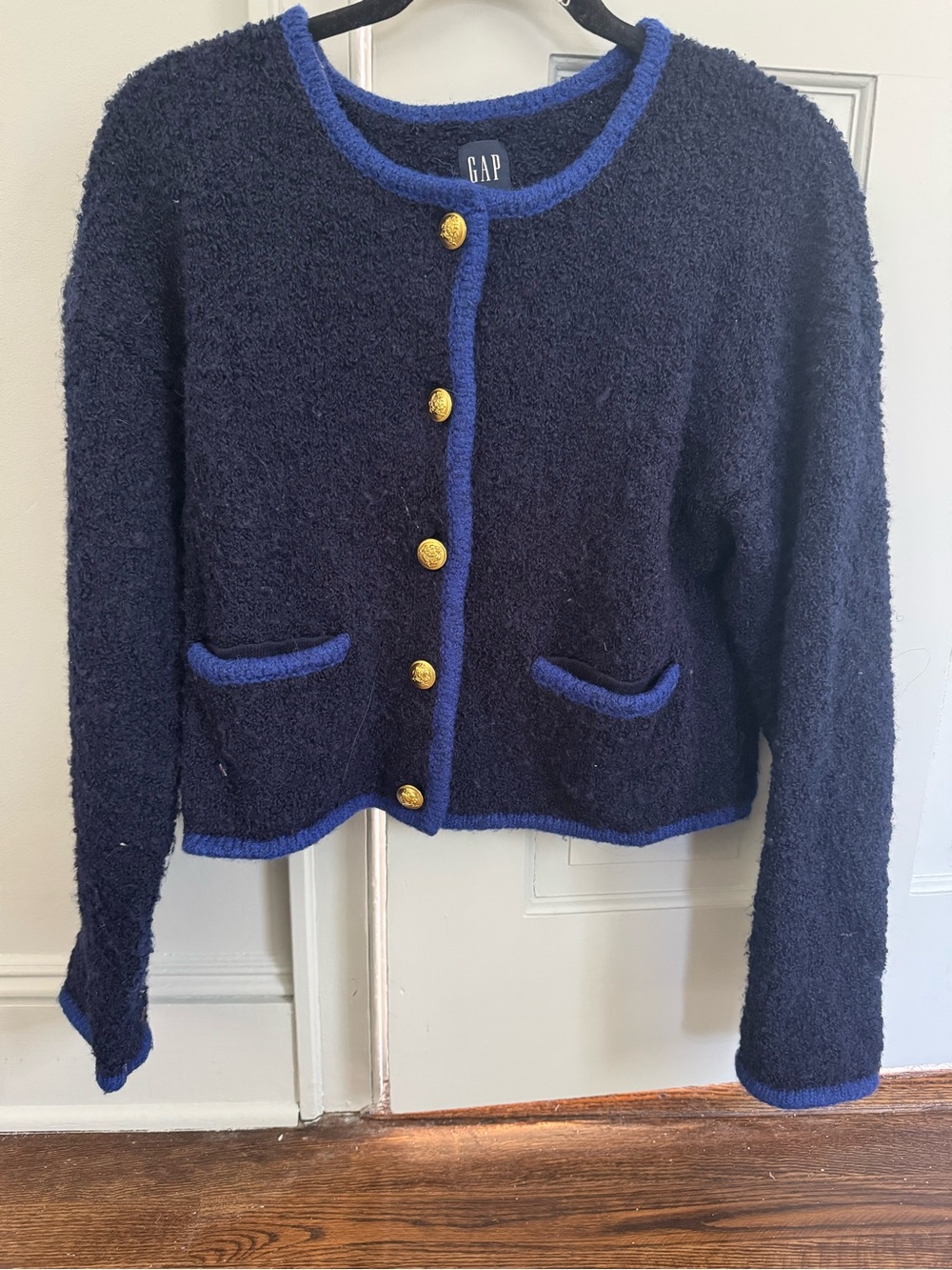 GAP Navy Bouclé Jacket with Royal Blue Trim and Gold Buttons